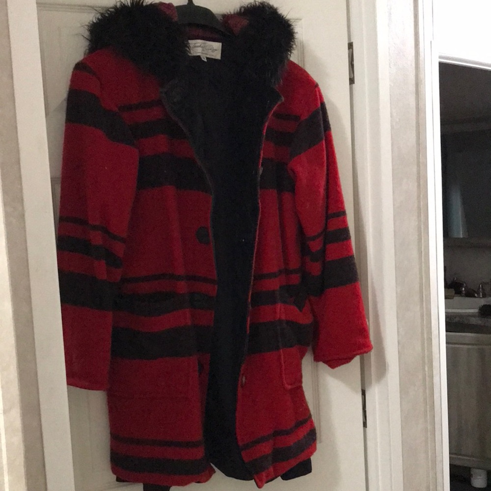 This is a size small wool coat with a hat attached